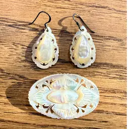 Vintage Brooch + Pierced Dangle Earring SET, Carved Mother of Pearl
