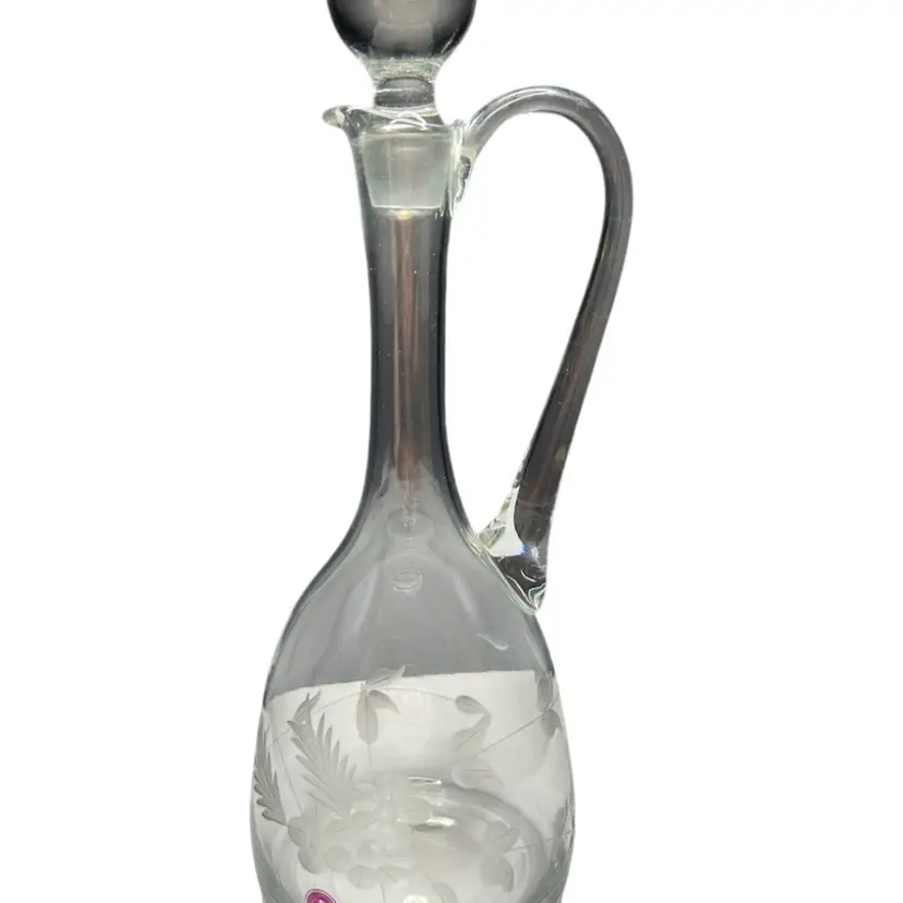 Vintage Romanian Cut Crystal Decanter 15 Inches Tall W/ Cut Floral Design -Has Sticker And Stopper