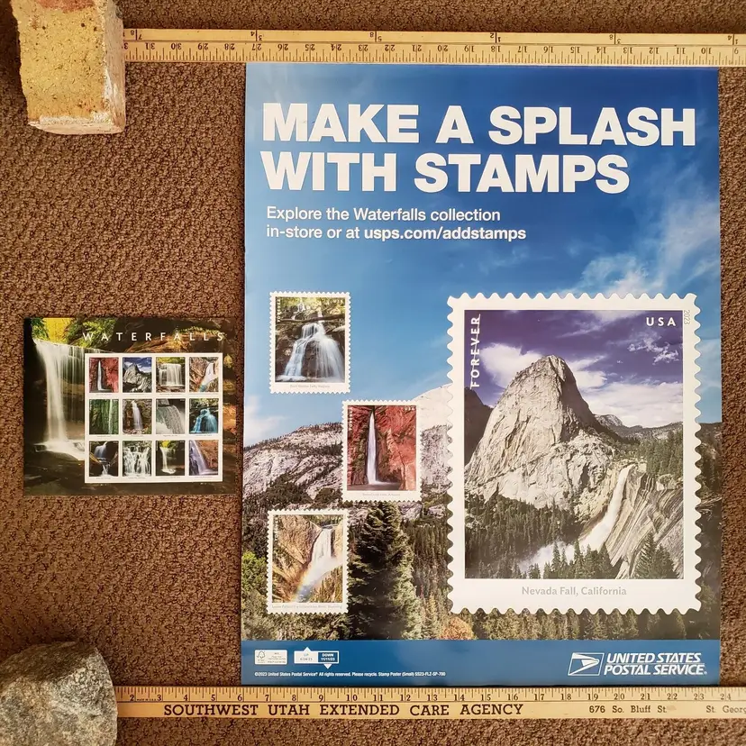 USPS Poster Waterfalls Stamps 2023 plus Sheet of 12 Waterfalls Forever Stamps