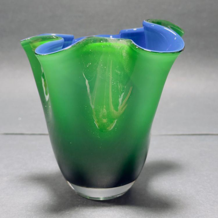#1260 Art Glass, Fazzoletto or Handkerchief Vase, Encased Green Blue Glass, Ruffled Edge, Hand Made