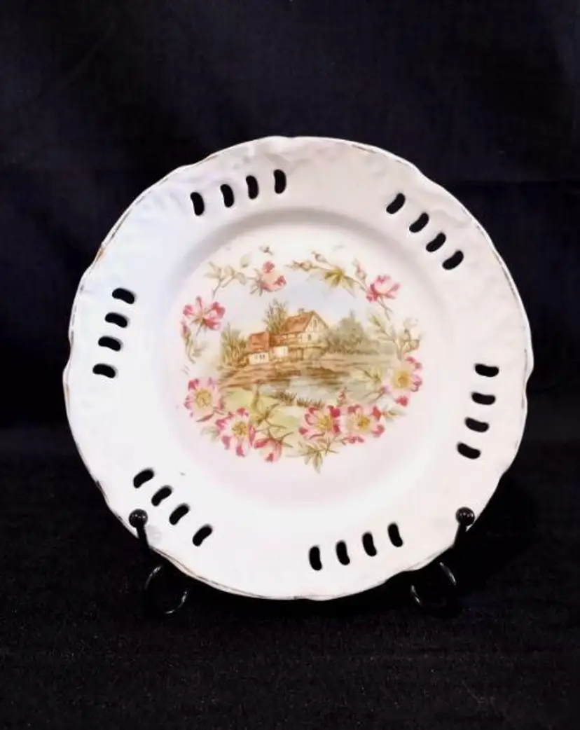 Vintage Porcelain Reticulated Display Plate Country Cottage With Pink Flowers