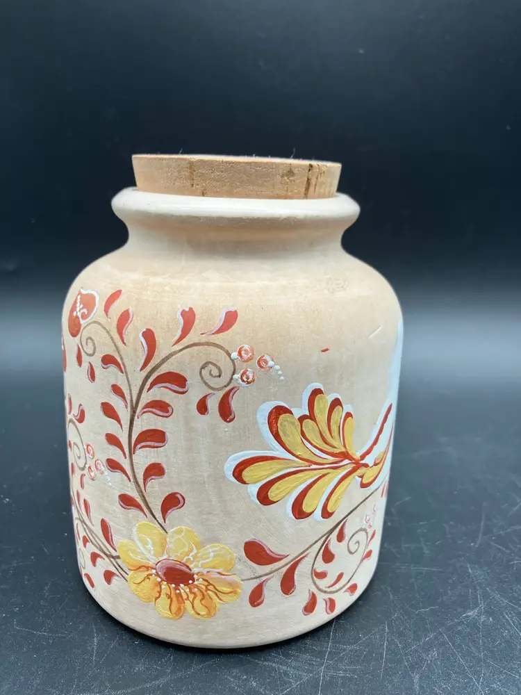 BIN - Vintage “Creative Country crocks” Handpainted Crock Canister With Birds And Flowers. 5”