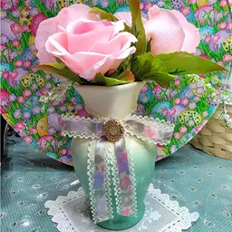 Vintage 1930’s Rum Rill 305 Green & White Art Pottery Vase with Added Pink Roses and Vintage Lace & Floral Ribbon With A Vintage Brass Button ~ Crafted By Sheryl 🥰