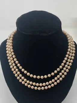 Vintage 56" Champagne Faux Pearl Necklace with Sterling Fishhook Clasp