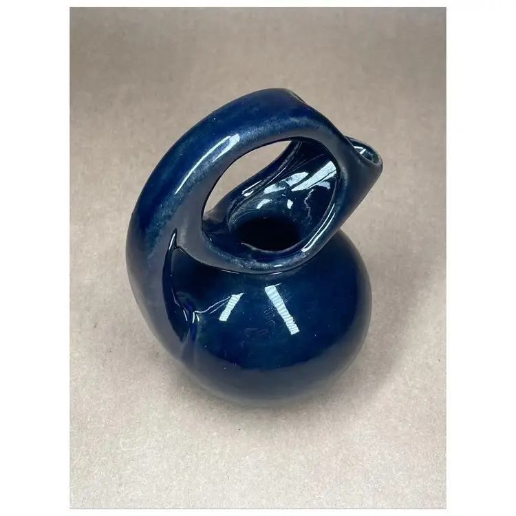 Vintage Signed  Dryden Pottery #94 Design Pitcher Loop Handle Deep Dark Blue Decor