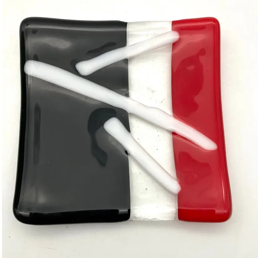 BIN - Fused Glass Trinket Dish Black Red White 4.75”