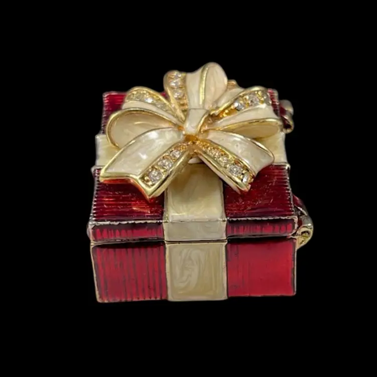 Monet Enamel Present Magnetic Trinket Box (2), Monet Collectible Box Gift With Rhinestones, Enamel Monet Keepsake Box, Red Present Trinket Box, Christmas Present Trinket Box