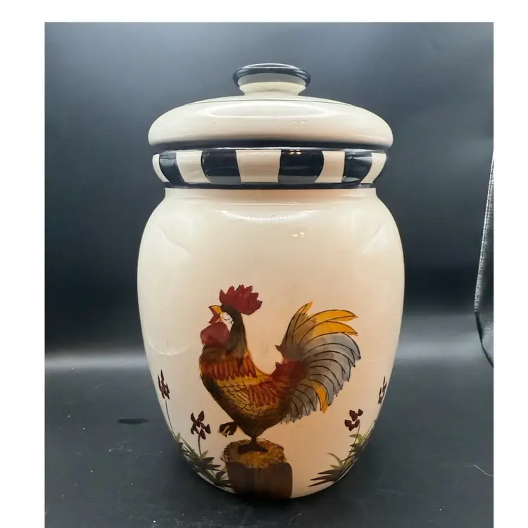 Decorative Ceramic Hand-Painted Rooster and Checkered Canister
