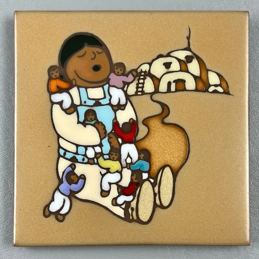 Vintage Native American Story Teller Scene Ceramic Tile Trivet 6” USA Masterwork