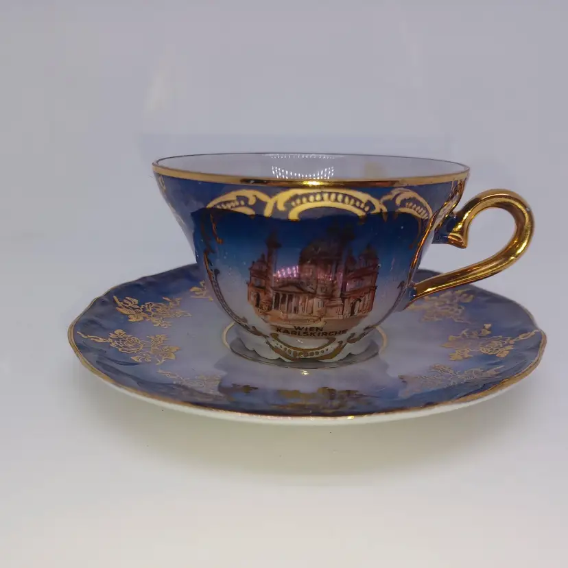 Vintage Bavaria St Charles Church Blue Gold Demitasse cup & saucer