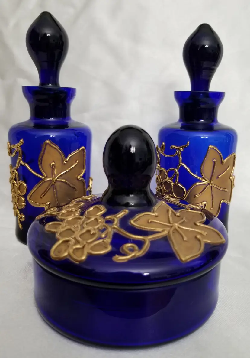 Vintage Bohemian Cobalt Blue Glass Mid-Century Vanity Set