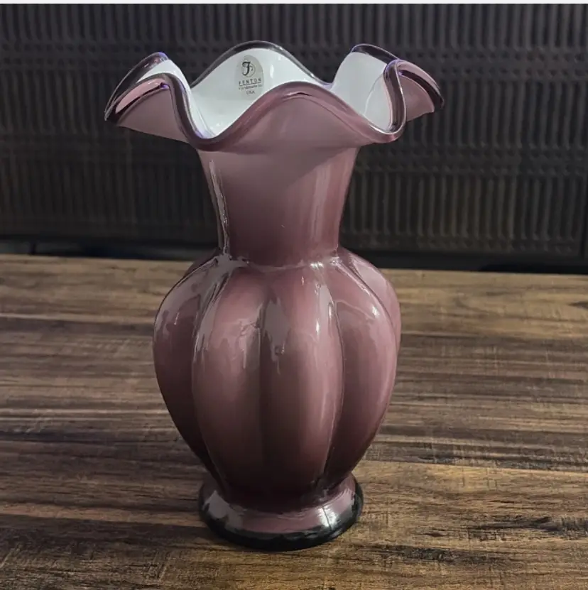 Fenton Art Glass Ruffled Melon Vase Cranberry Mauve Cased Glass Vintage USA