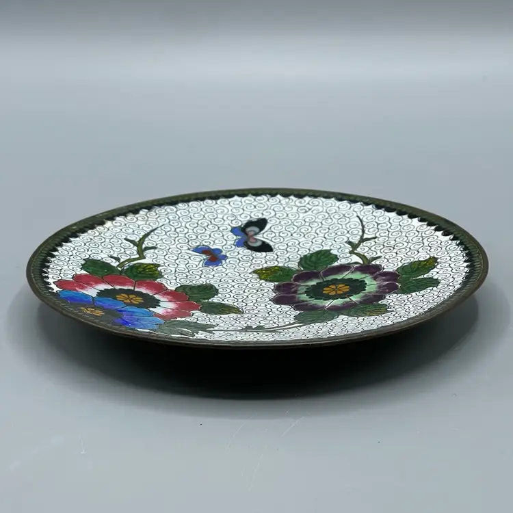 Vintage Cloisonné Plate Flowers & Butterflies White Background