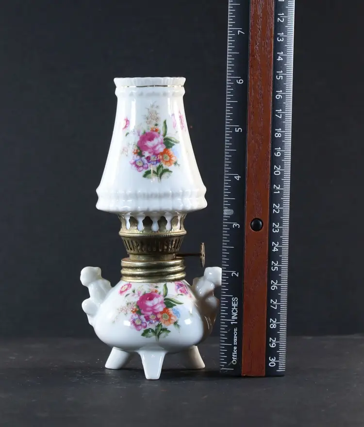 3 Legged Oil Lamp Decorative Floral Miniature Porcelain Hurricane Lamp 1960s