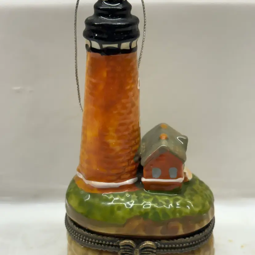 Lighthouse Hinged Trinket Hidden Box Ceramic Orange