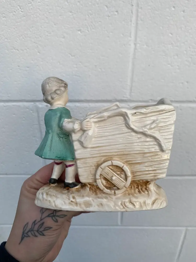 Vintage Figurine Planter Shabby Boy & Cart Hand Painted 5x5.25