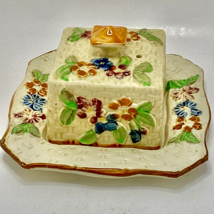 ✅ Vintage Unique Antique Majolica Floral Butter Dish With Lid Made In Japan