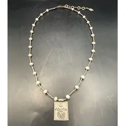 Sterling Silver Stamped Flower Pendant Freshwater Pearl & Liquid Silver Necklace 18”+2”