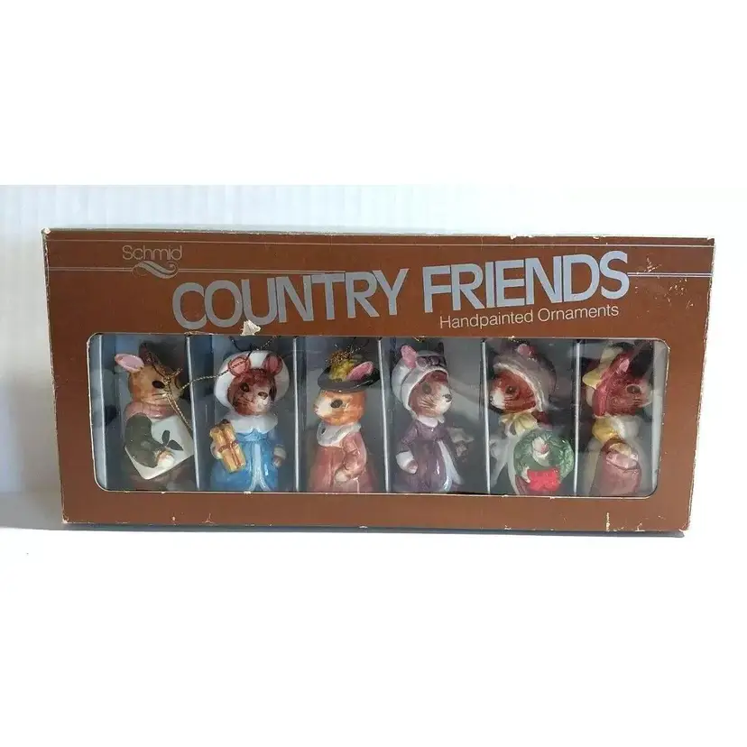 SCHMID Boxed, Vintage 6 COUNTRY FRIENDS CHRISTMAS ORNAMENTS, HAND PAINTED JAPAN