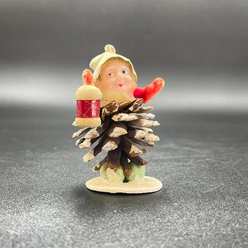 Shiny Brite Pinecone Chenille Mica Dwarf  Elf Gnome Wax Face Hanging Christmas Ornament Japan Vintage