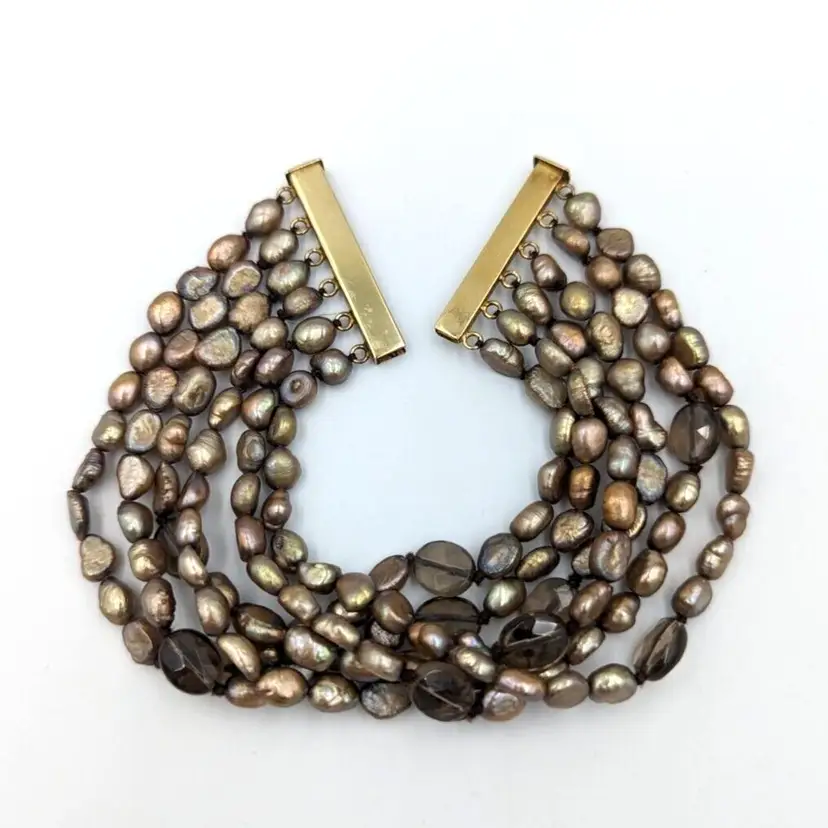 Freshwater Baroque Brown Pearl Smoky Quartz Multistrand Bracelet Sterling Clasp