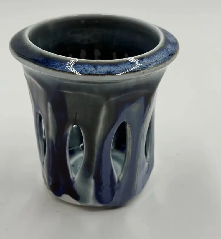 Phil Mayhew Pierced Art Pottery Signed Candle Votive Tea Light Candle Vintage Blue Drip