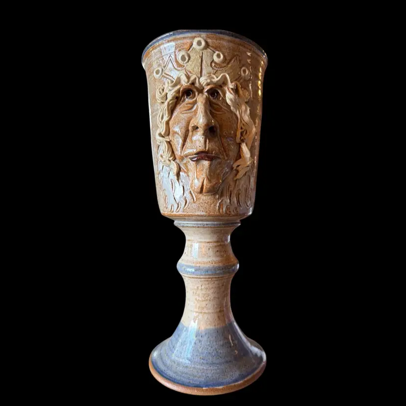 John Coiner 1980’s Handmade Pottery Chalice/Vase. 10.5”Tall. King Face. Ex Cond