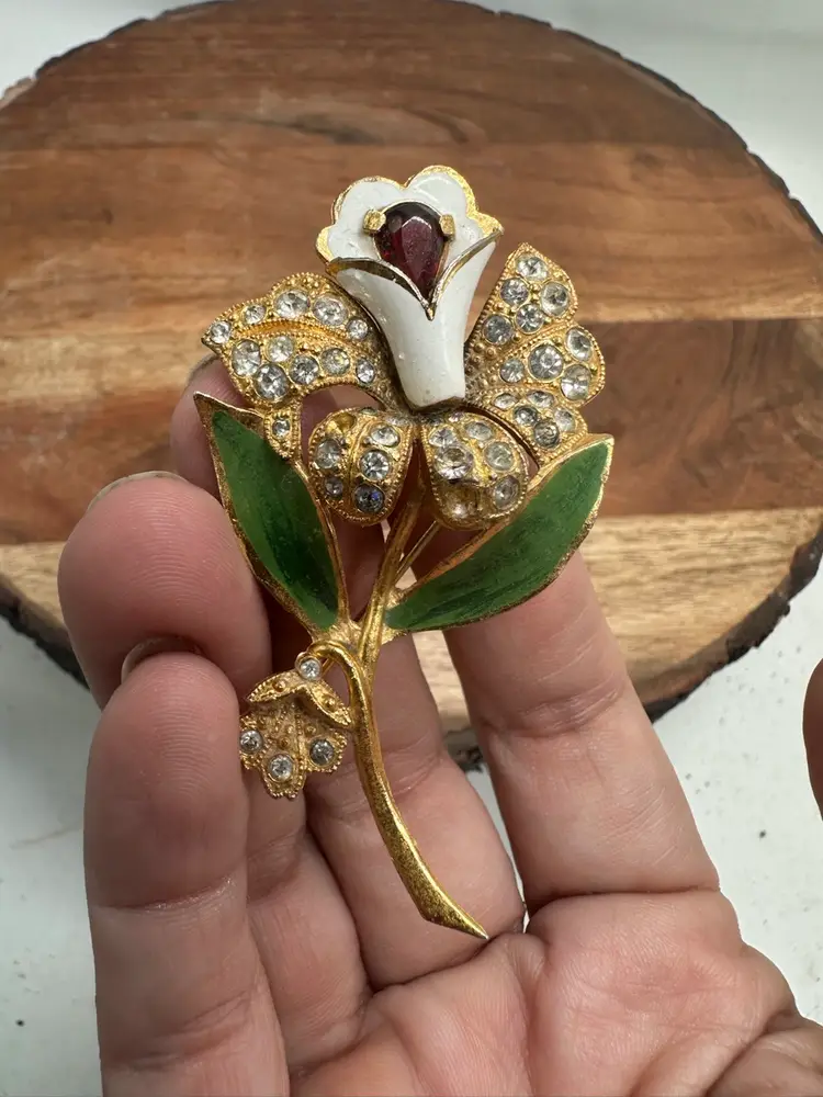 Vintage Coro Enamel Orchid Costume Brooch Lovely