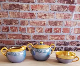 Beautiful Blue & Peach Lusterwear Sugar and Creamer Set of 2 Plus 1 Cup- 1920s Hotta Yu Shoten&Co