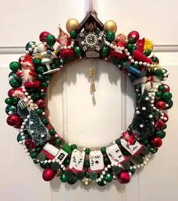 Handmade Vtg Mixed Ornament Christmas Wreath Wood Bells Trees One of a Kind 13"D