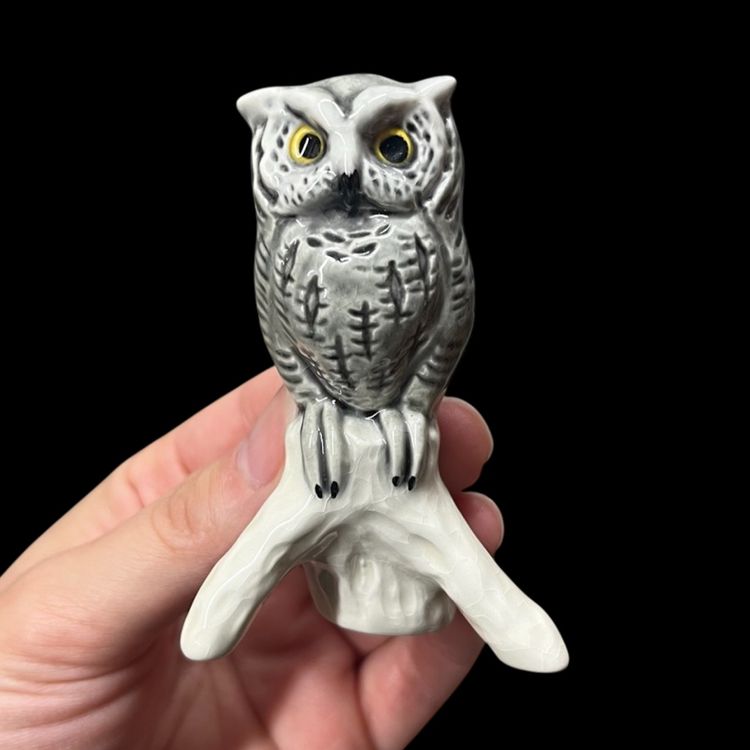 Goebel West Germany Gray Owl on Branch Ceramic Figurine, Ceramic Owl Miniature Figurine
