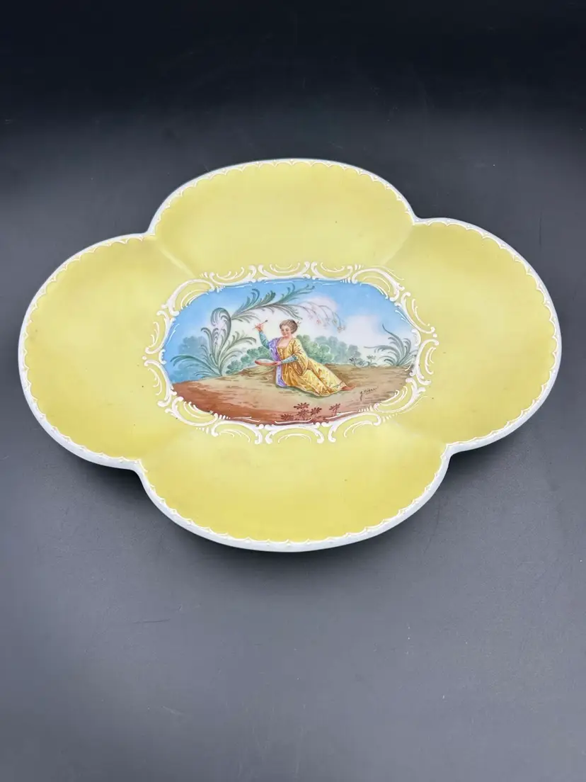 Vintage Hand Decorated Porcelain Meissen Oval Dish With Yellow Border, Germany