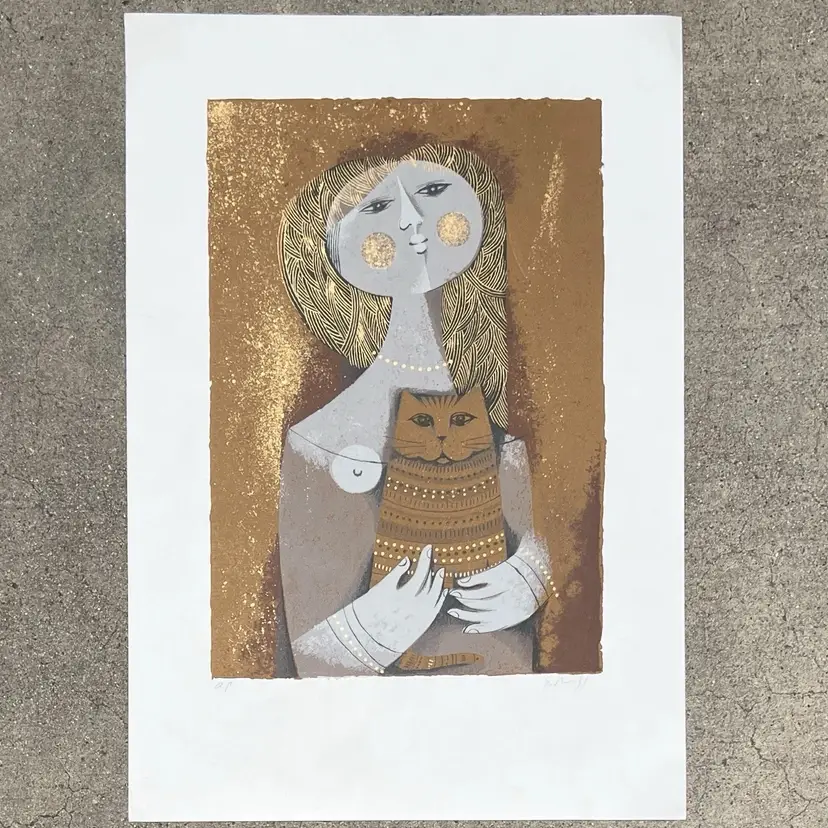 Sami Briss "Girl With Cat" Signed AP Artist Proof Gold Modernist Print 15x22"