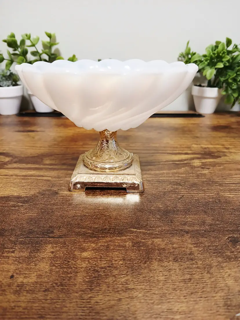 Vintage Opline  Milk Glass Compote with Ornate Base