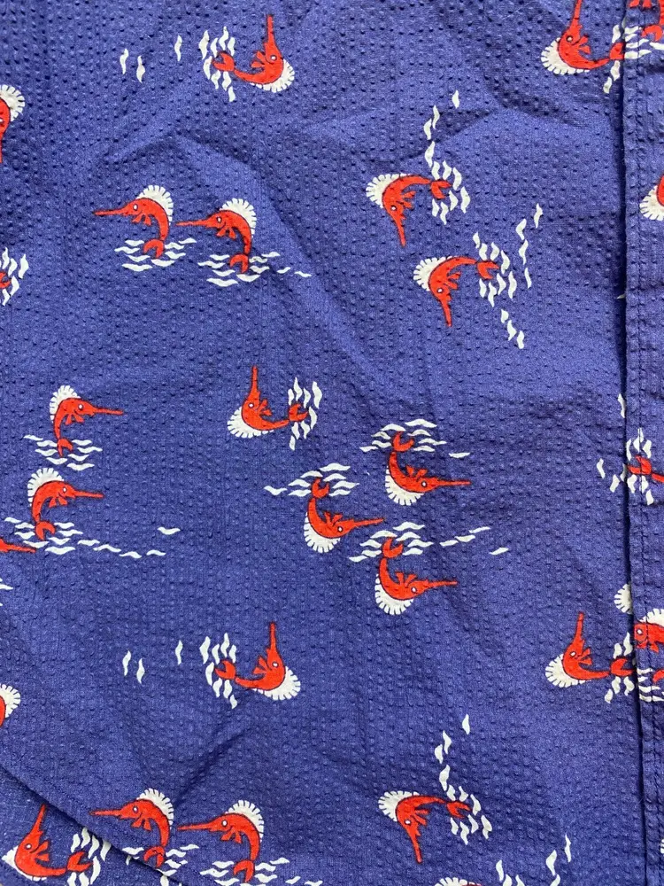 J Crew Shirt Adult Medium Blue Button Up AOP Long Nose Fish Casual Collared Mens