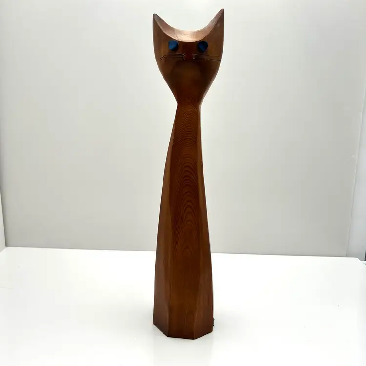 Tall Mid Century Scandinavian Style Wood Carved Cat Figurine