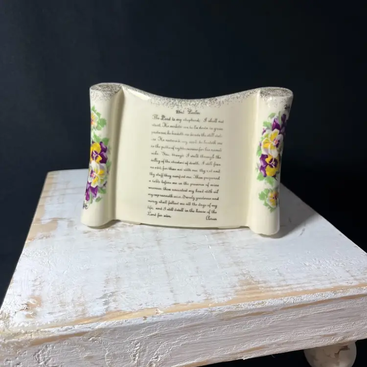 VTG Enesco Porcelain Scroll Shaped Planter With Pansies and 23rd Psalm