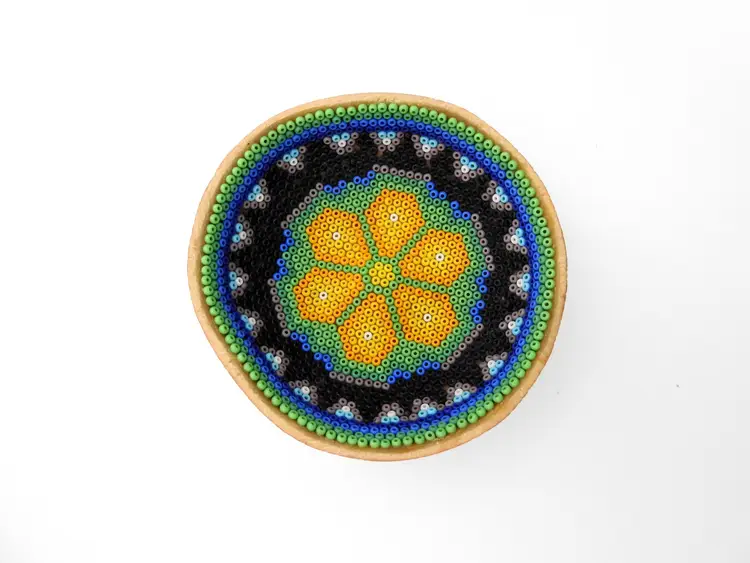 Huichol Ceremonial Mini Gourd Bowl Beaded Flower Design Mexico Artisan Folk Art