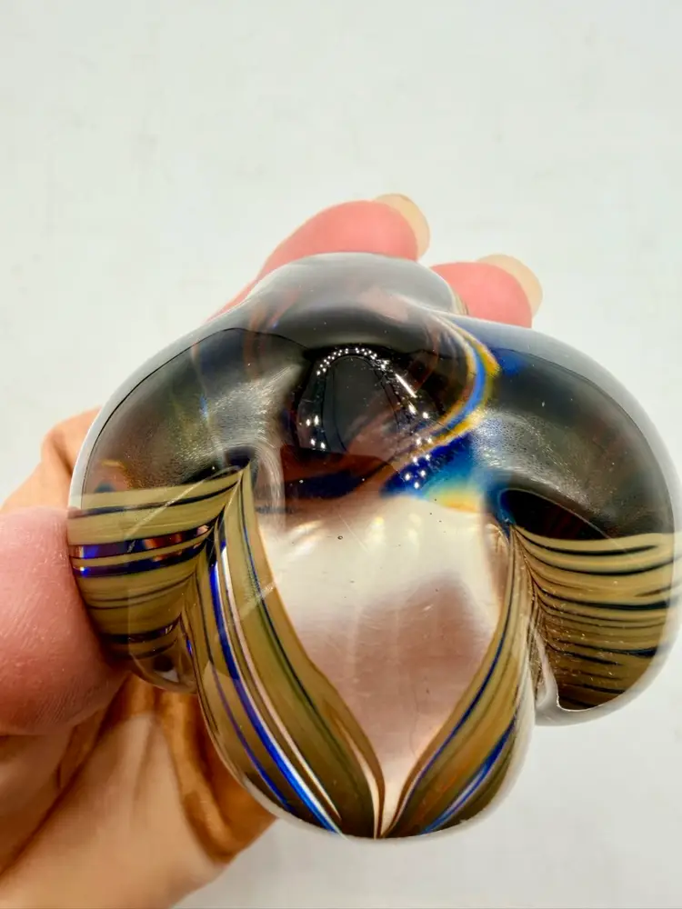 Pulled Feather Glass Paperweight 1977 Rochester Folk Art Guild, Tan Blue Clear