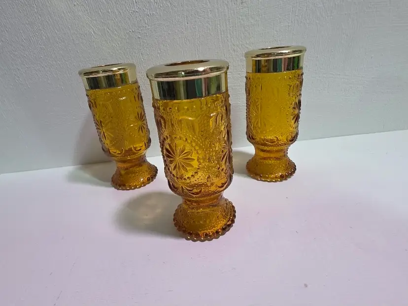 Brockway Glass 3 Amber American Concord Sandwich Taper Candle Holders