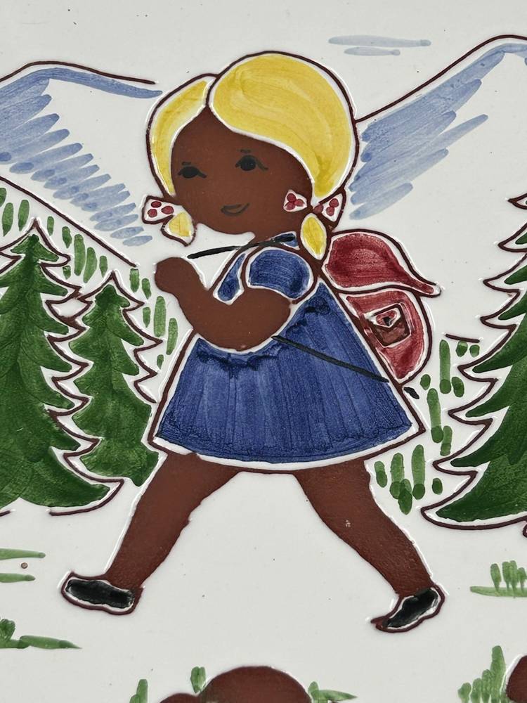 Vintage Norwegian, ceramic wall plaque girl in backpack, hiking Norway