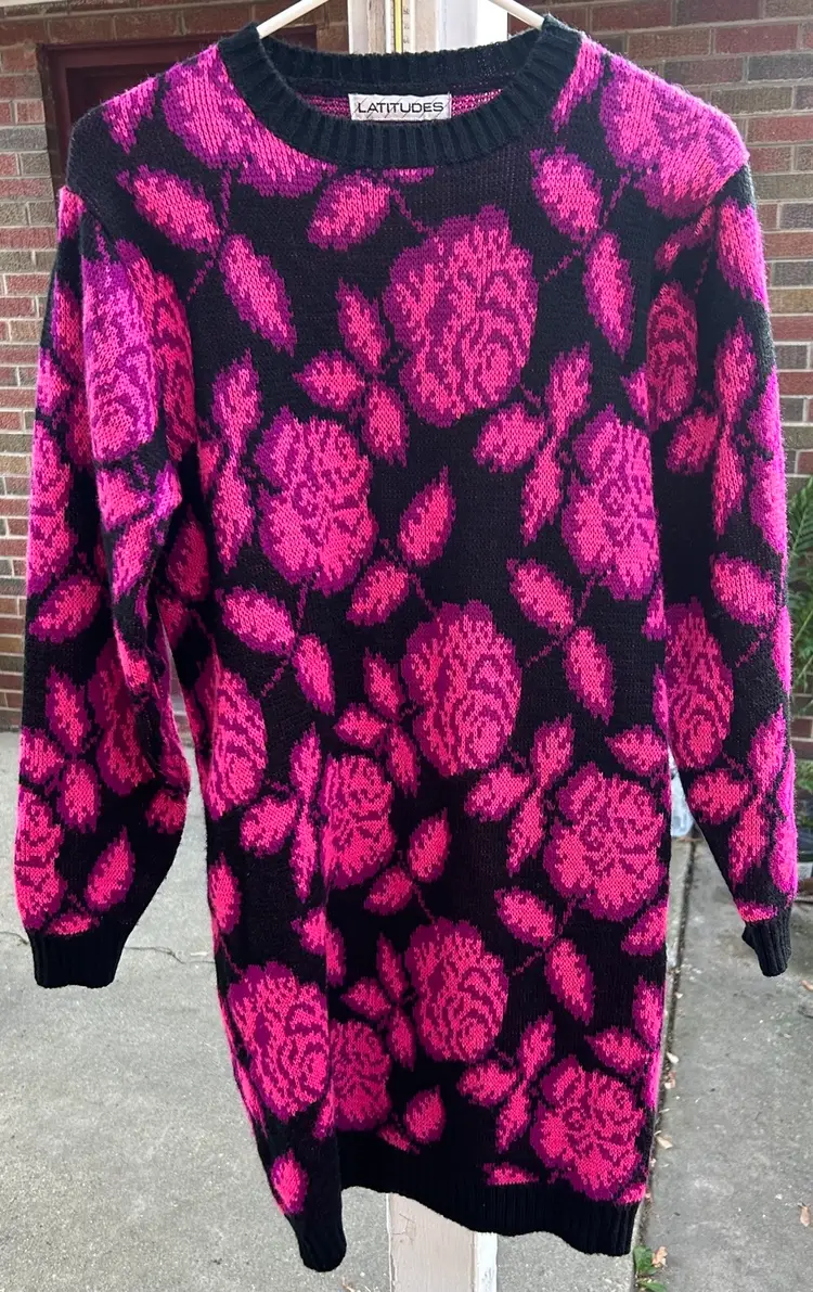 Vintage Latitudes Women’s Sweater Dress Knit Pink & Magenta Floral Midi
