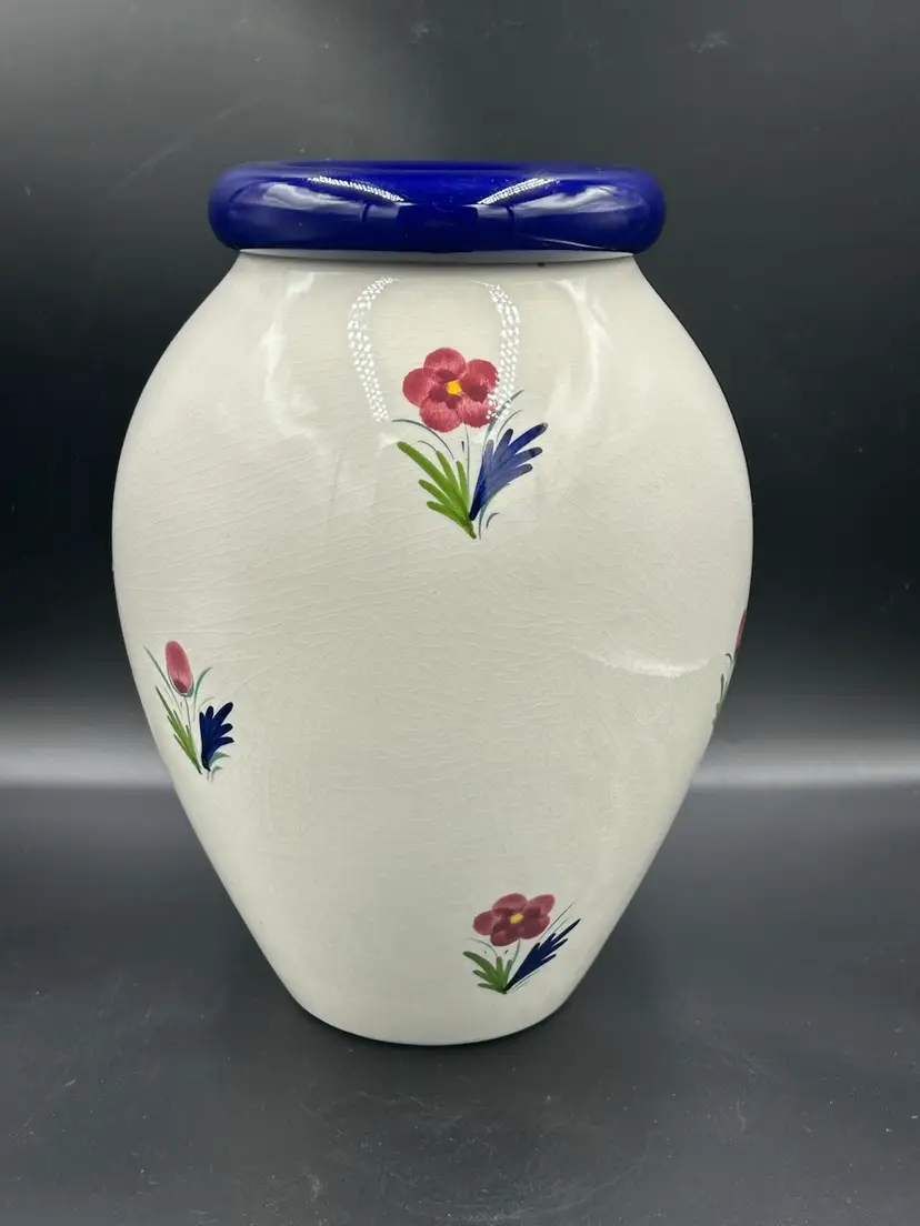 Vintage ELPA Alcobaca Portugal Floral Vase With Thick Cobalt Blue Rim
