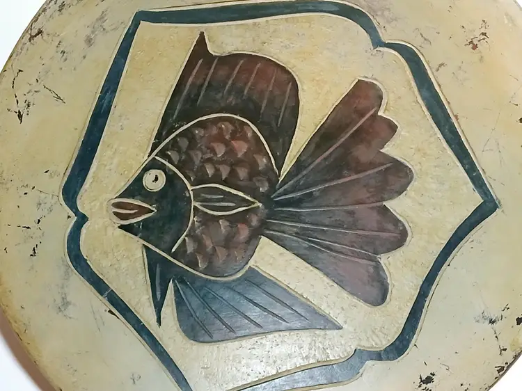 Vintage Primitive Tropical Fish Studio Pottery Bowl Hand Etched Design