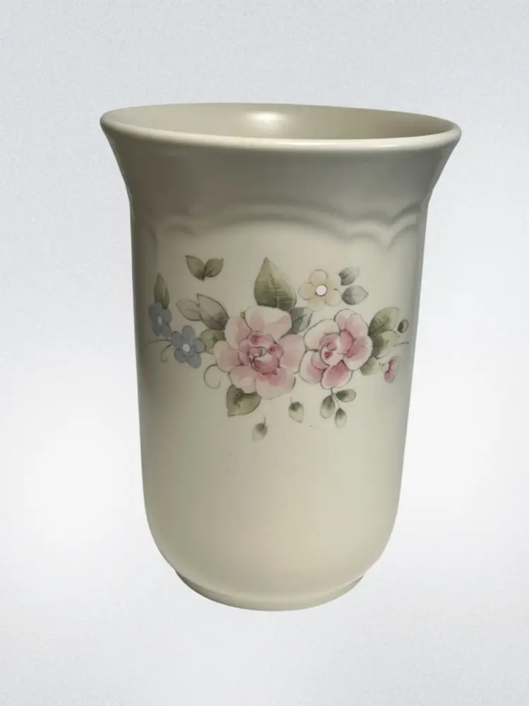 Vintage Pfaltzgraff USA -“Tea Rose”-Floral Stoneware Vase – Utensil Holder – 7” Tall, 4.75”wide - Cottage Core