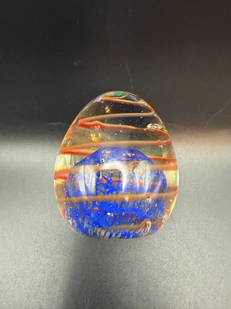 Vintage 1960s Hand-Blown Art Glass Paperweight with Blue, Green, and Red Ribbons