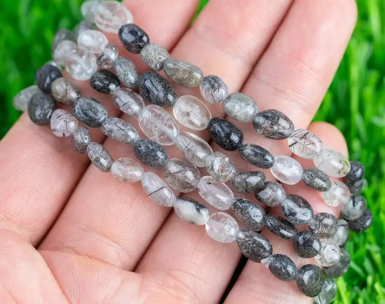 Black Tourmalinated Quartz Stretchy String Oval Bracelet Natural Crystal Gemstone Bracelets - Gemstone Nugget Bracelets Handmade Jewelry