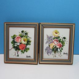 set of 2 mini vintage hand painted floral framed artwork gallery wall Logui