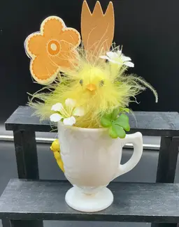 Spring/Easter vignette assemblage. Chick in Chick milk glass mug
