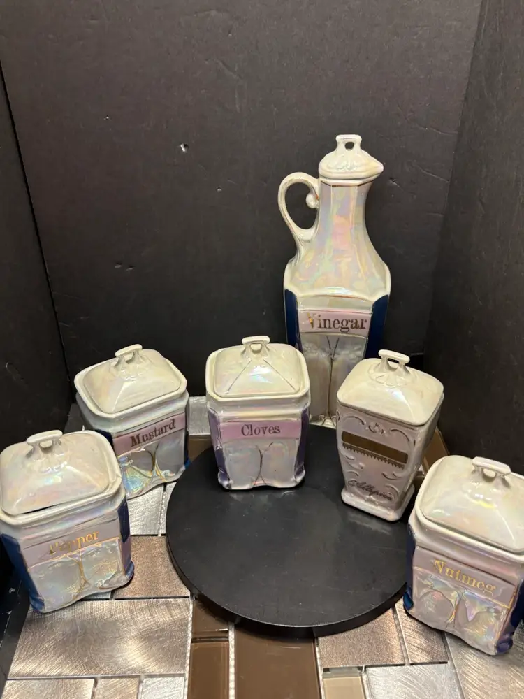 VINTAGE ANTIQUE GERMANY PORCELAIN 6 PIECE CANISTER & SPICE